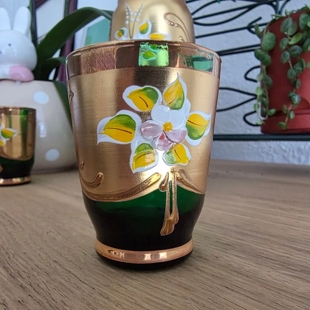 Murano Export Decanter Set Unisex OS Green 24KT Gold Hand Made Floral 5pc Set‎